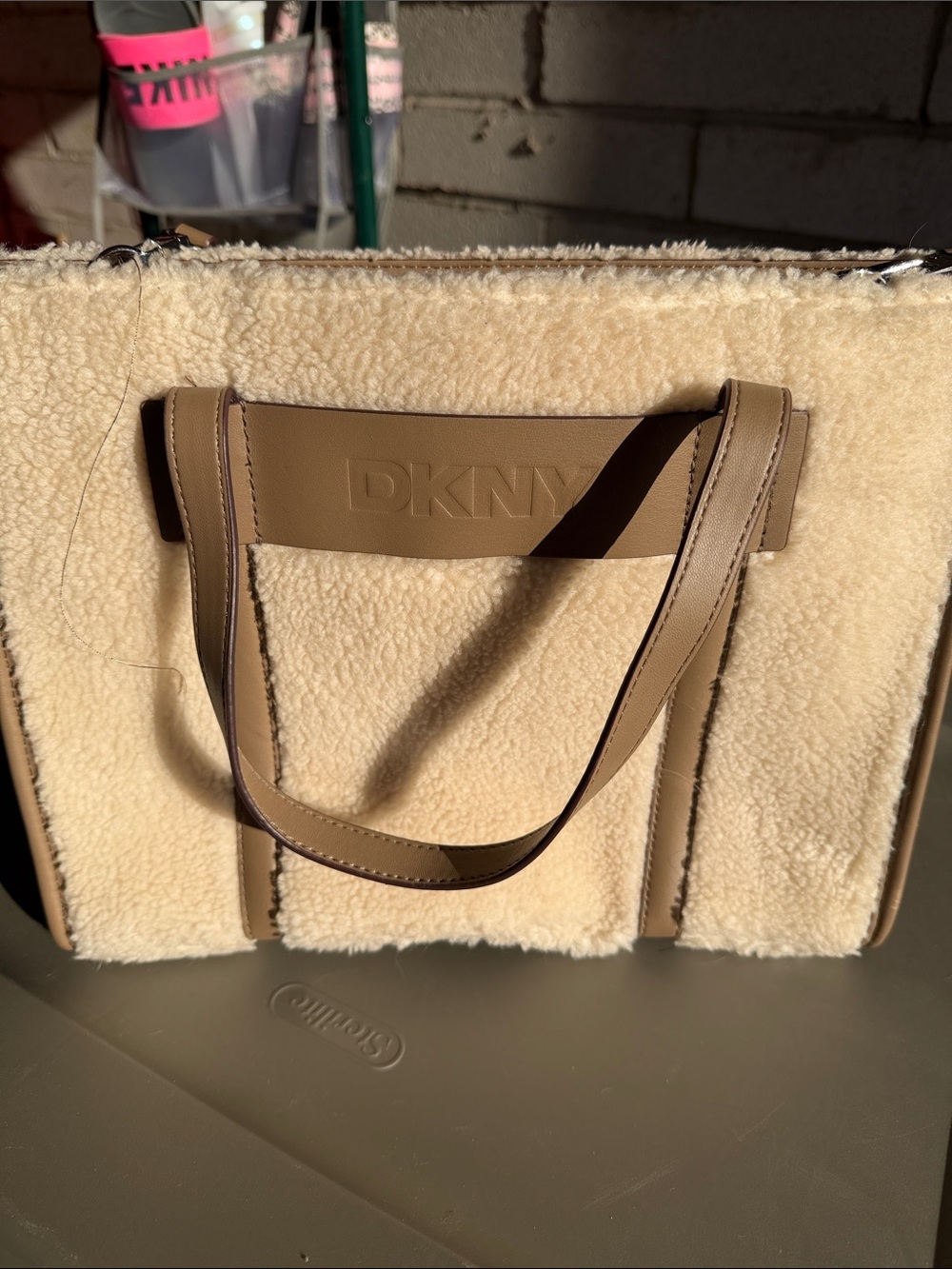 DKNY Cream Shearling Tote with Taupe Leather Trim